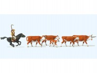 Preiser 10159 Kovboj na koni, dlouhorohý dobytek