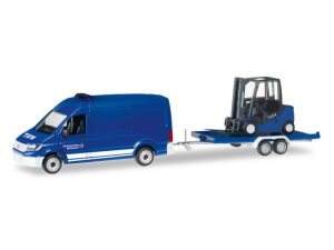 VW Crafter s vyskokozdnižným vozíkem na přívěsu THW Herpa 093118
