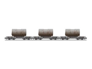 set těžkotonážních plošinových vozů Rlmmp 650 DB s nákladem kotlů Liliput L260175