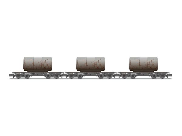 set těžkotonážních plošinových vozů Rlmmp 650 DB s nákladem kotlů Liliput L260175