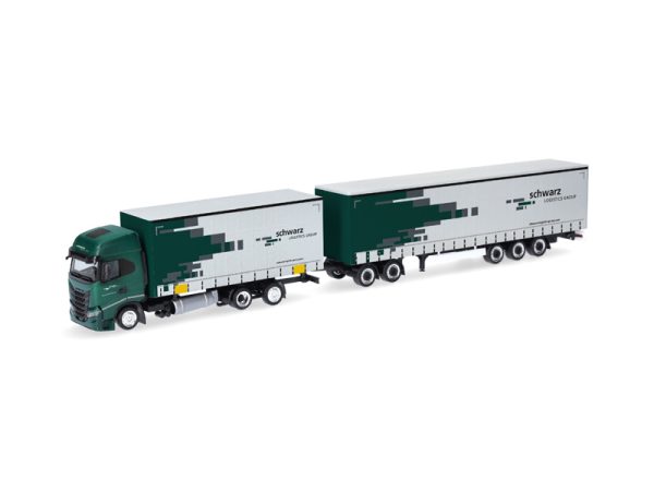 Iveco S-way plachtový návěs Spedition Schwarz s přívěsem Herpa 319607