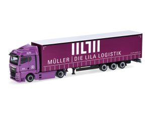 MAN eTGX GM plachtový návěs Müller – Die lila Logistik Herpa 320801