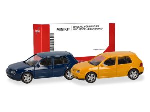 MiniKit VW Golf IV čtyřdveřový žlutý + modrý Herpa 013956-002