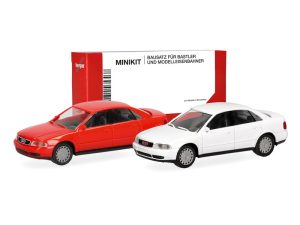MiniKit Audi A4 limuzína bílé + červené Herpa 014380